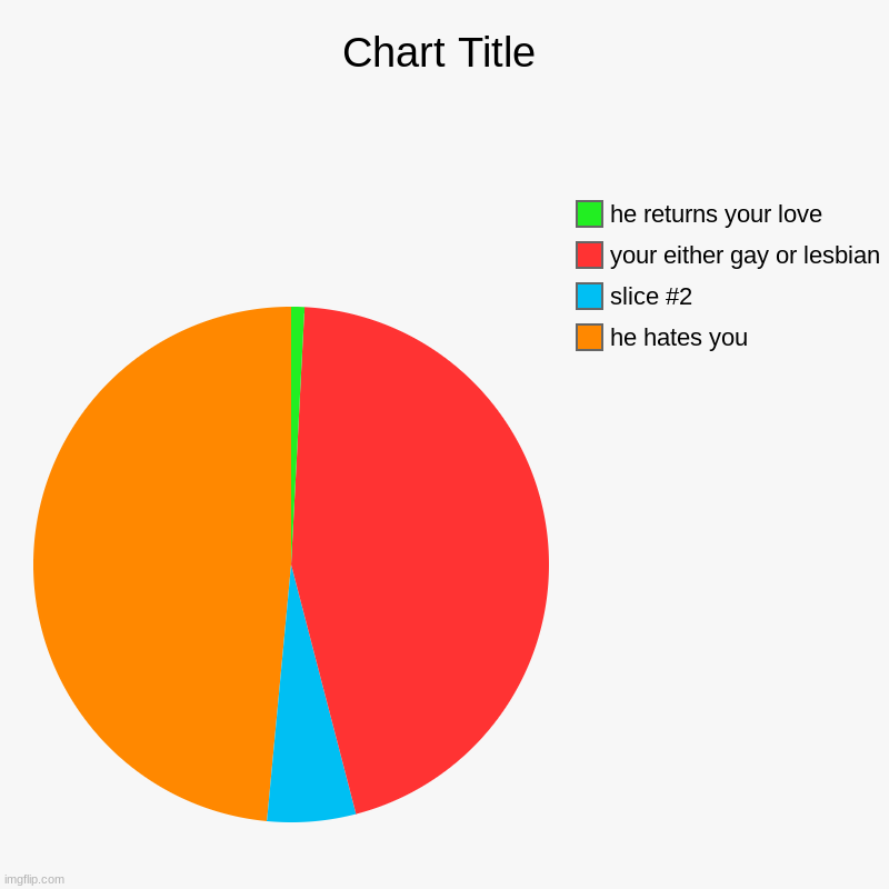 data charts don't lie | he hates you, your either gay or lesbian, he returns your love | image tagged in charts,pie charts,help,im dead inside,chicken nuggies | made w/ Imgflip chart maker