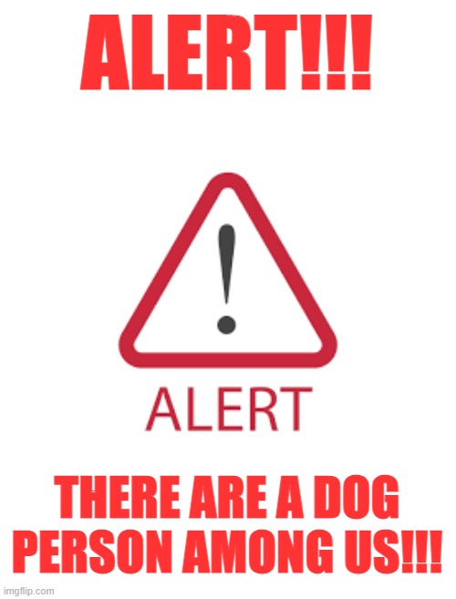 FIND HIM!!!! HE WILL DESTROY OUR CATS!!! | ALERT!!! THERE ARE A DOG PERSON AMONG US!!! | image tagged in alert | made w/ Imgflip meme maker