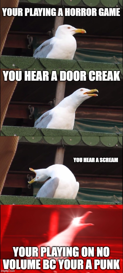 xD | YOUR PLAYING A HORROR GAME; YOU HEAR A DOOR CREAK; YOU HEAR A SCREAM; YOUR PLAYING ON NO VOLUME BC YOUR A PUNK | image tagged in memes,inhaling seagull | made w/ Imgflip meme maker