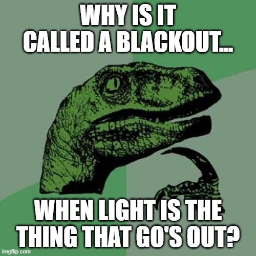 Philosoraptor Meme | WHY IS IT CALLED A BLACKOUT... WHEN LIGHT IS THE THING THAT GO'S OUT? | image tagged in memes,philosoraptor | made w/ Imgflip meme maker