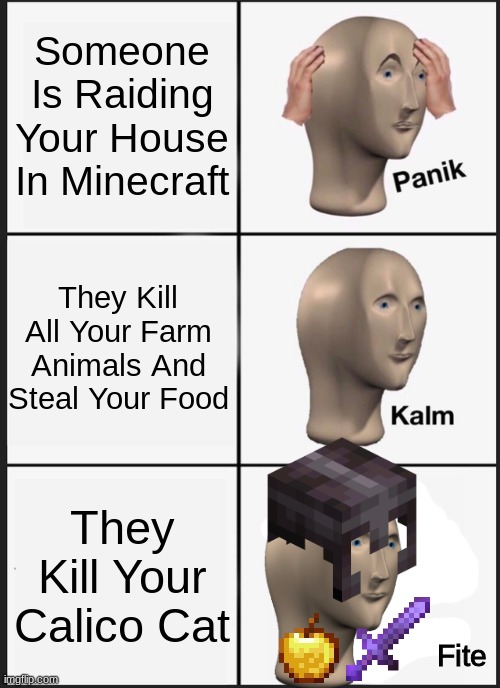 Panik Kalm Panik | Someone Is Raiding Your House In Minecraft; They Kill All Your Farm Animals And Steal Your Food; They Kill Your Calico Cat; Fite | image tagged in memes,panik kalm panik | made w/ Imgflip meme maker