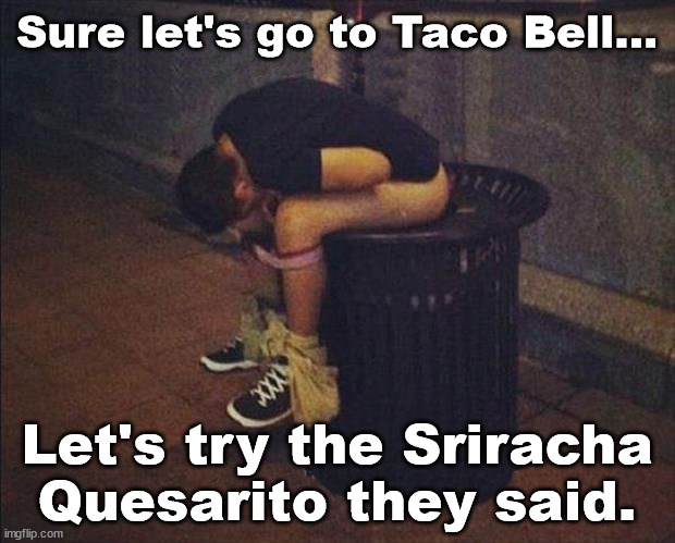 Well it is a trash can. |  Sure let's go to Taco Bell... Let's try the Sriracha Quesarito they said. | image tagged in taco bell,sick,pooping | made w/ Imgflip meme maker