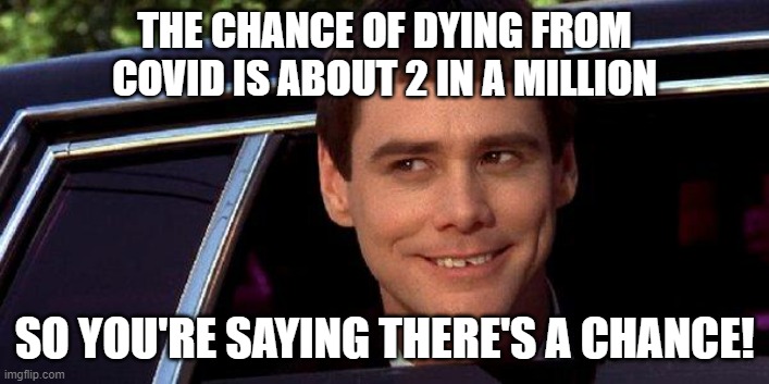 You're saying there's still a chance | THE CHANCE OF DYING FROM COVID IS ABOUT 2 IN A MILLION; SO YOU'RE SAYING THERE'S A CHANCE! | image tagged in dumb and dumber,covid,coronavirus,covid19,covidiots | made w/ Imgflip meme maker