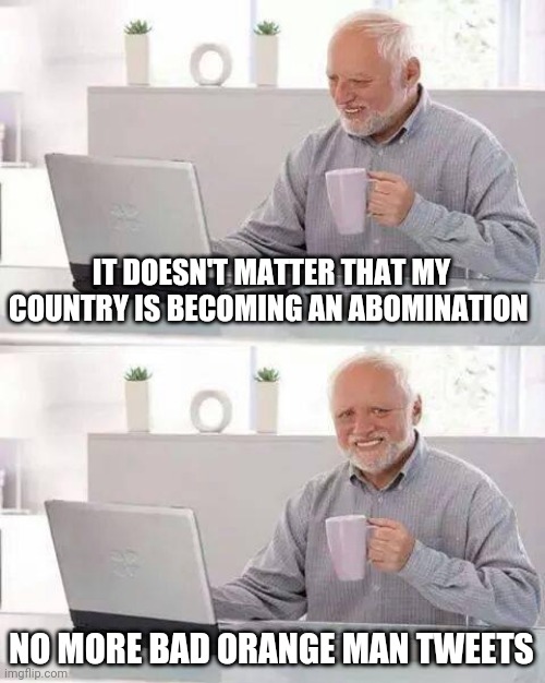 Hide the Pain Harold | IT DOESN'T MATTER THAT MY COUNTRY IS BECOMING AN ABOMINATION; NO MORE BAD ORANGE MAN TWEETS | image tagged in memes,hide the pain harold | made w/ Imgflip meme maker