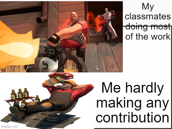 Being lazy on a Spanish project (Not made for the community) | My classmates doing most of the work; Me hardly making any contribution | image tagged in plain white | made w/ Imgflip meme maker
