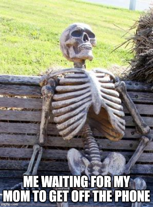 Waiting Skeleton | ME WAITING FOR MY MOM TO GET OFF THE PHONE | image tagged in memes,waiting skeleton | made w/ Imgflip meme maker