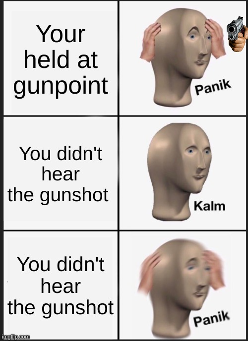 Not Kalm | Your held at gunpoint; You didn't hear the gunshot; You didn't hear the gunshot | image tagged in memes,panik kalm panik | made w/ Imgflip meme maker