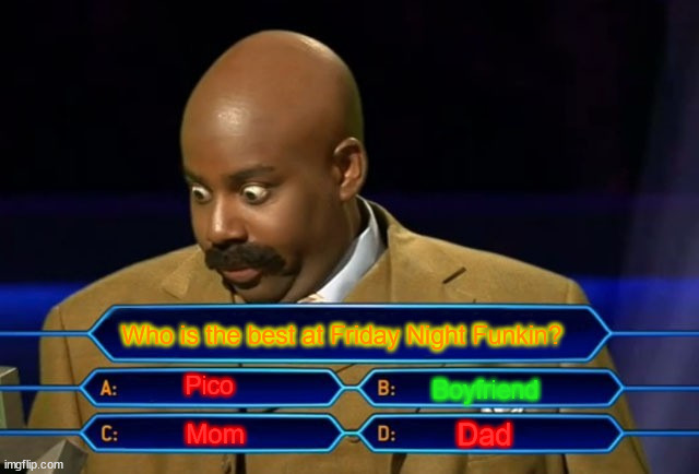 Boyfriend is the best at Friday Night Funkin | Who is the best at Friday Night Funkin? Pico; Boyfriend; Dad; Mom | image tagged in who wants to be a millionaire | made w/ Imgflip meme maker