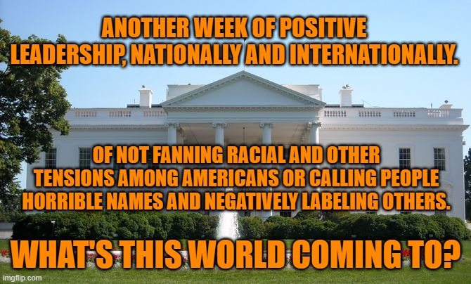 What, indeed? | ANOTHER WEEK OF POSITIVE LEADERSHIP, NATIONALLY AND INTERNATIONALLY. OF NOT FANNING RACIAL AND OTHER TENSIONS AMONG AMERICANS OR CALLING PEOPLE HORRIBLE NAMES AND NEGATIVELY LABELING OTHERS. WHAT'S THIS WORLD COMING TO? | image tagged in politics | made w/ Imgflip meme maker