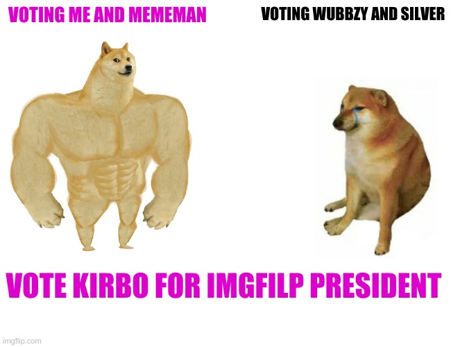 Vote Kirb0 | VOTING ME AND MEMEMAN; VOTING WUBBZY AND SILVER; VOTE KIRBO FOR IMGFILP PRESIDENT | image tagged in memes,buff doge vs cheems | made w/ Imgflip meme maker