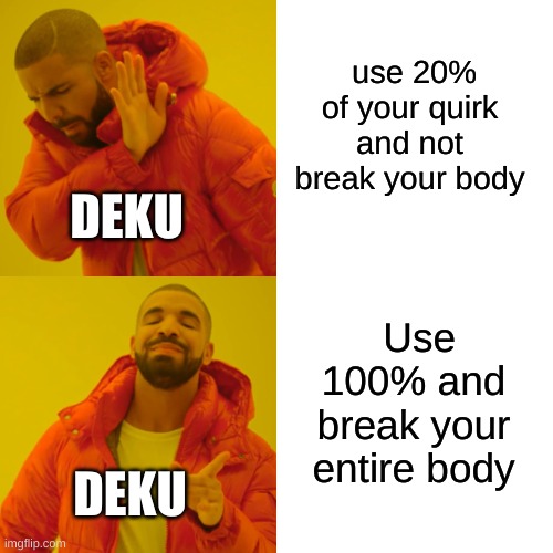 Deku destroys body | use 20% of your quirk and not break your body; DEKU; Use 100% and break your entire body; DEKU | image tagged in memes,drake hotline bling | made w/ Imgflip meme maker