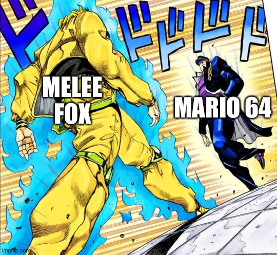 Glitch clash | MARIO 64; MELEE FOX | image tagged in jojo's walk | made w/ Imgflip meme maker