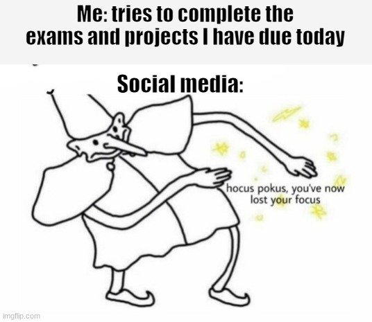 everytime I try to do work | Me: tries to complete the exams and projects I have due today; Social media: | image tagged in hocus pocus lost your focus | made w/ Imgflip meme maker