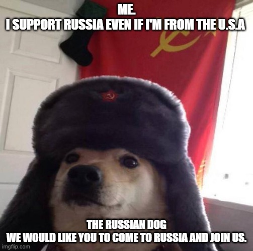 brett e metcalf | ME.
I SUPPORT RUSSIA EVEN IF I'M FROM THE U.S.A; THE RUSSIAN DOG
WE WOULD LIKE YOU TO COME TO RUSSIA AND JOIN US. | image tagged in russian doge | made w/ Imgflip meme maker