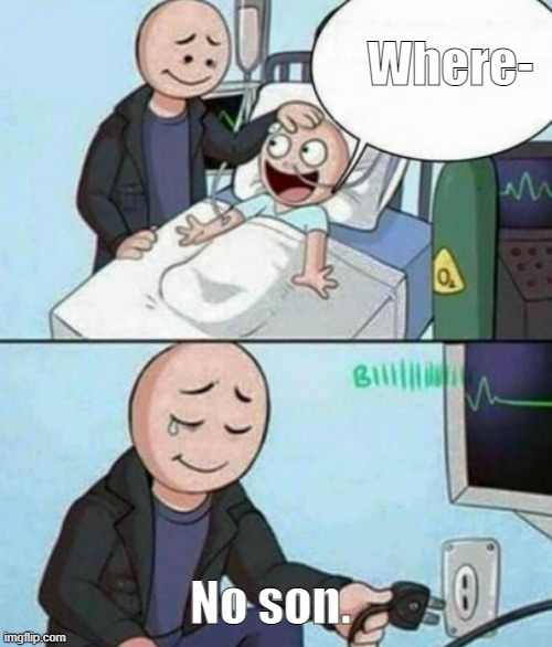 No son. | Where-; No son. | image tagged in father unplugs life support | made w/ Imgflip meme maker