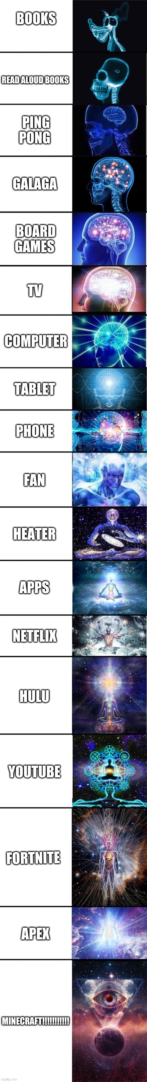 expanding brain: 9001 | BOOKS; READ ALOUD BOOKS; PING PONG; GALAGA; BOARD GAMES; TV; COMPUTER; TABLET; PHONE; FAN; HEATER; APPS; NETFLIX; HULU; YOUTUBE; FORTNITE; APEX; MINECRAFT!!!!!!!!!!! | image tagged in expanding brain 9001 | made w/ Imgflip meme maker