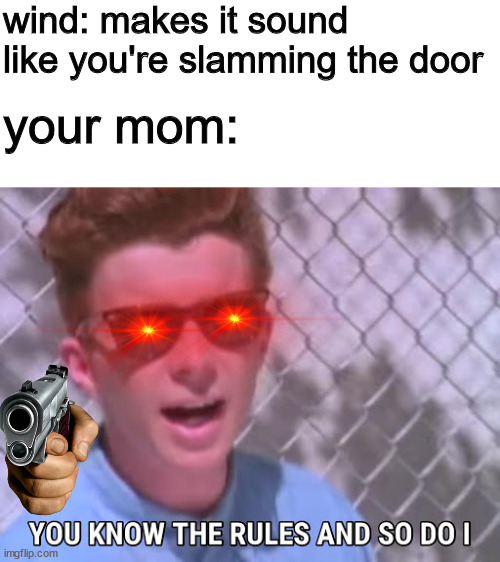 Rick astley you know the rules | wind: makes it sound like you're slamming the door; your mom: | image tagged in rick astley you know the rules | made w/ Imgflip meme maker