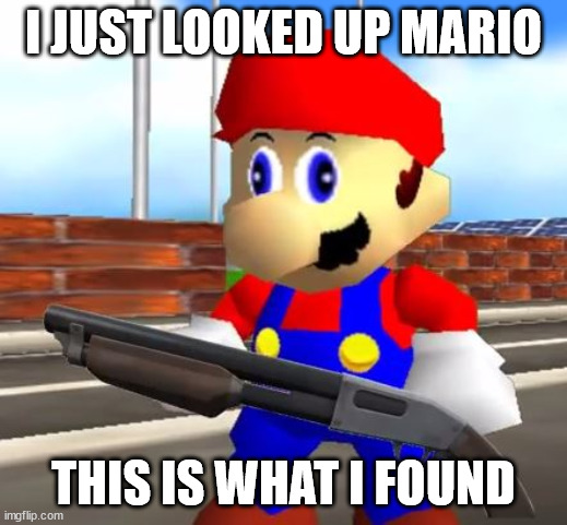 SMG4 Shotgun Mario | I JUST LOOKED UP MARIO; THIS IS WHAT I FOUND | image tagged in smg4 shotgun mario | made w/ Imgflip meme maker