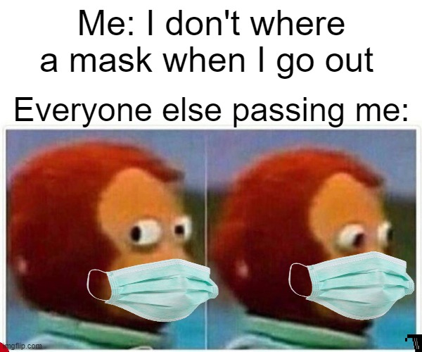 Monkey Puppet | Me: I don't where a mask when I go out; Everyone else passing me: | image tagged in memes,monkey puppet | made w/ Imgflip meme maker