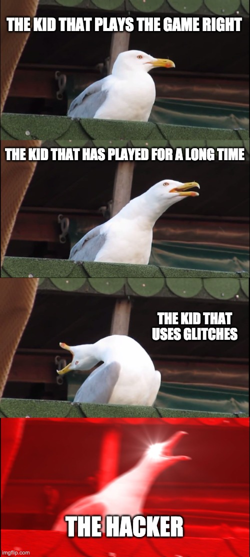 Inhaling Seagull | THE KID THAT PLAYS THE GAME RIGHT; THE KID THAT HAS PLAYED FOR A LONG TIME; THE KID THAT USES GLITCHES; THE HACKER | image tagged in memes,inhaling seagull | made w/ Imgflip meme maker