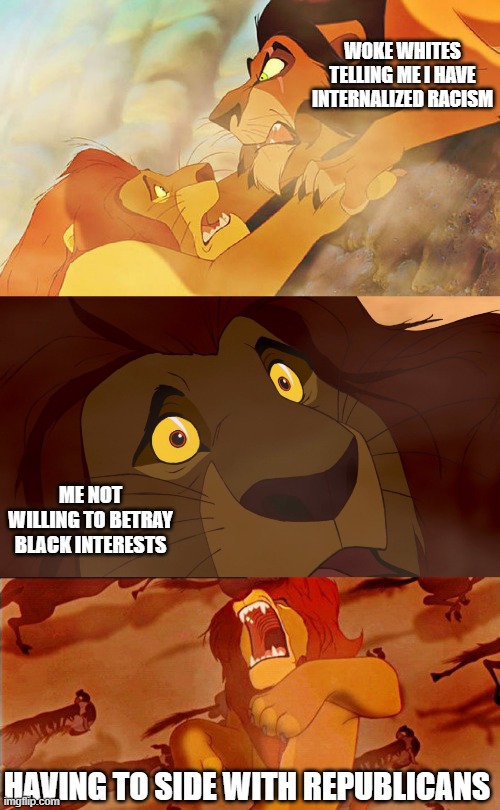 sometimes it be like that | WOKE WHITES TELLING ME I HAVE INTERNALIZED RACISM; ME NOT WILLING TO BETRAY BLACK INTERESTS; HAVING TO SIDE WITH REPUBLICANS | image tagged in lion king betrayal | made w/ Imgflip meme maker