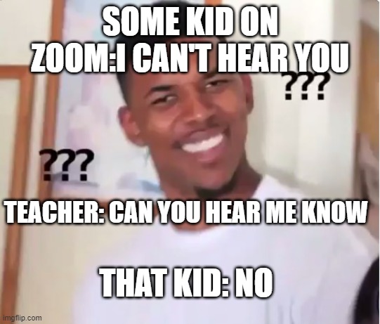 confused nick young | SOME KID ON ZOOM:I CAN'T HEAR YOU; TEACHER: CAN YOU HEAR ME KNOW; THAT KID: NO | image tagged in confused nick young | made w/ Imgflip meme maker