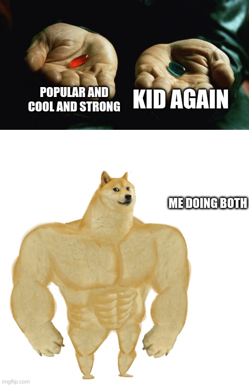  POPULAR AND COOL AND STRONG; KID AGAIN; ME DOING BOTH | image tagged in red pill blue pill,memes,buff doge vs cheems | made w/ Imgflip meme maker