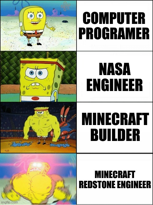 Sponge Finna Commit Muder | COMPUTER PROGRAMER; NASA ENGINEER; MINECRAFT BUILDER; MINECRAFT REDSTONE ENGINEER | image tagged in sponge finna commit muder | made w/ Imgflip meme maker