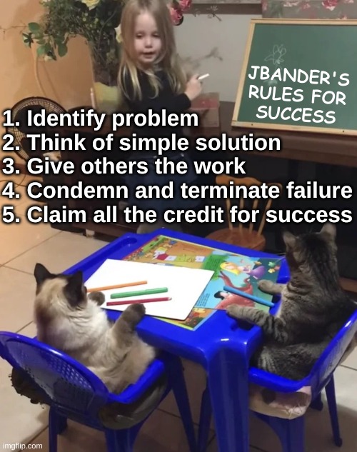 JBander's Rules for Success - Cat version | 1. Identify problem
2. Think of simple solution
3. Give others the work
4. Condemn and terminate failure
5. Claim all the credit for success; JBANDER'S
RULES FOR
SUCCESS | image tagged in rules for success,cat,funny,humor,class,teach | made w/ Imgflip meme maker