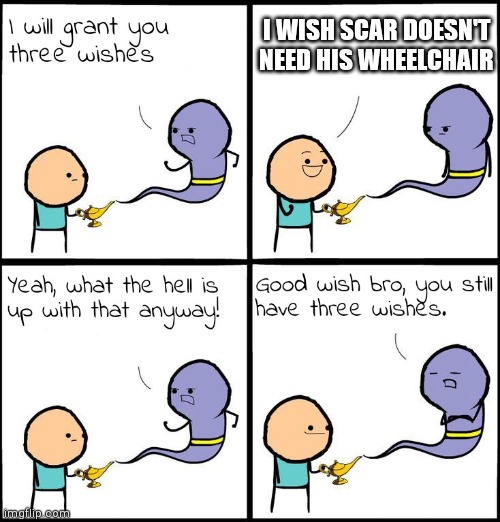 I hope he gets well really, really soon | I WISH SCAR DOESN'T NEED HIS WHEELCHAIR | image tagged in 3 wishes,hermitcraft,goodtimeswithscar | made w/ Imgflip meme maker