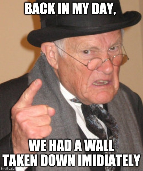 Back In My Day Meme | BACK IN MY DAY, WE HAD A WALL TAKEN DOWN IMMEDIATELY | image tagged in memes,back in my day | made w/ Imgflip meme maker