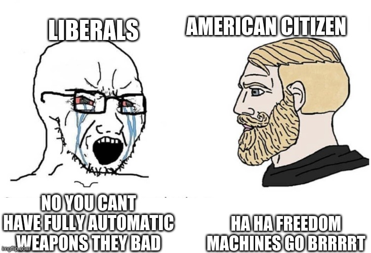 this is not a school shooter meme | LIBERALS; AMERICAN CITIZEN; HA HA FREEDOM MACHINES GO BRRRRT; NO YOU CANT HAVE FULLY AUTOMATIC WEAPONS THEY BAD | image tagged in soyboy vs yes chad | made w/ Imgflip meme maker