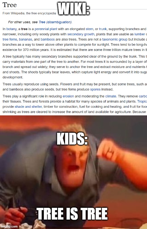 WIKI:; KIDS:; TREE IS TREE | image tagged in mr incredible mad | made w/ Imgflip meme maker