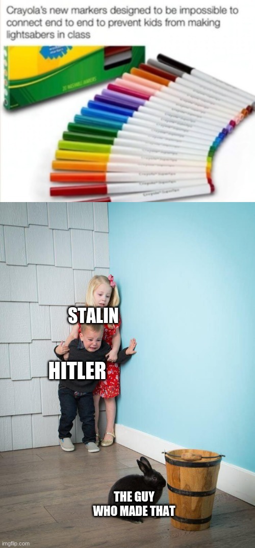 THIS IS WRONG! | STALIN; HITLER; THE GUY WHO MADE THAT | image tagged in kids afraid of rabbit,funny,memes,funny memes,barney will eat all of your delectable biscuits,crayons | made w/ Imgflip meme maker