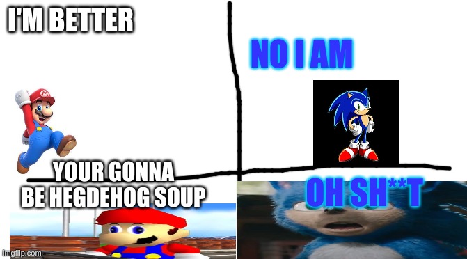 Mario vs Sonic | I'M BETTER; NO I AM; YOUR GONNA BE HEGDEHOG SOUP; OH SH**T | image tagged in oh no,hedgehog soup,sonic the soup,mario vs sonic | made w/ Imgflip meme maker