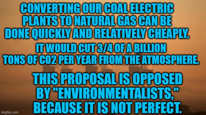Sometimes Not Perfect Is Still Good. | CONVERTING OUR COAL ELECTRIC PLANTS TO NATURAL GAS CAN BE DONE QUICKLY AND RELATIVELY CHEAPLY. IT WOULD CUT 3/4 OF A BILLION TONS OF CO2 PER YEAR FROM THE ATMOSPHERE. THIS PROPOSAL IS OPPOSED BY "ENVIRONMENTALISTS," BECAUSE IT IS NOT PERFECT. | image tagged in politics | made w/ Imgflip meme maker