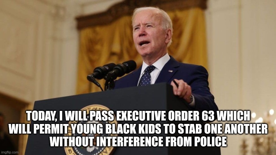 In Today's News | TODAY, I WILL PASS EXECUTIVE ORDER 63 WHICH
WILL PERMIT YOUNG BLACK KIDS TO STAB ONE ANOTHER
WITHOUT INTERFERENCE FROM POLICE | image tagged in knife fight with biden,knives,racism | made w/ Imgflip meme maker