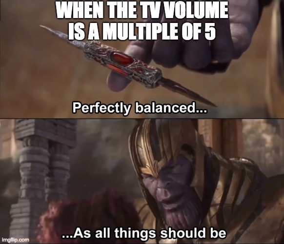 Well, He's Not Wrong... | WHEN THE TV VOLUME IS A MULTIPLE OF 5 | image tagged in thanos perfectly balanced as all things should be | made w/ Imgflip meme maker