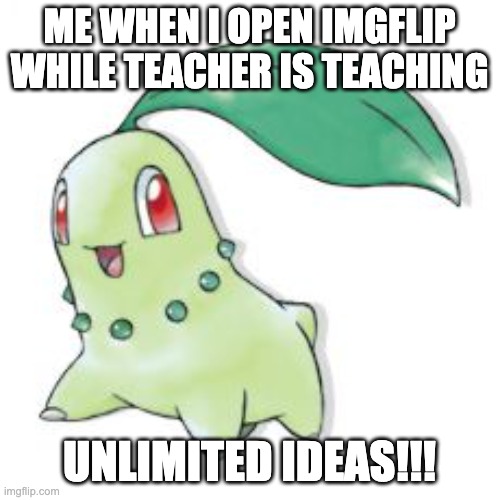 Chikorita | ME WHEN I OPEN IMGFLIP WHILE TEACHER IS TEACHING UNLIMITED IDEAS!!! | image tagged in chikorita | made w/ Imgflip meme maker
