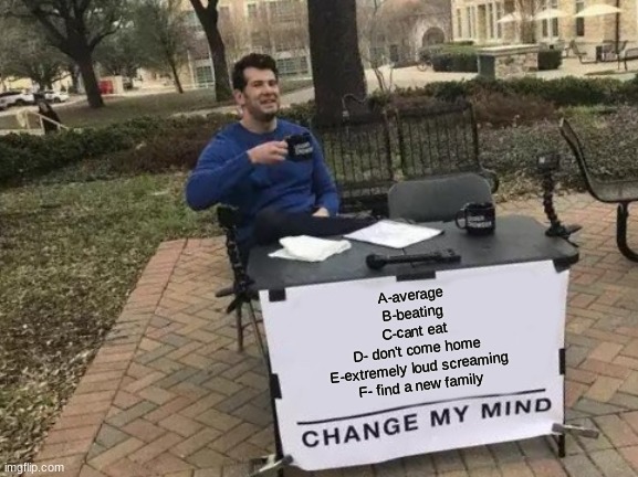 my moms logic to my grades | A-average
B-beating
C-cant eat
D- don't come home
E-extremely loud screaming
F- find a new family | image tagged in memes,change my mind | made w/ Imgflip meme maker