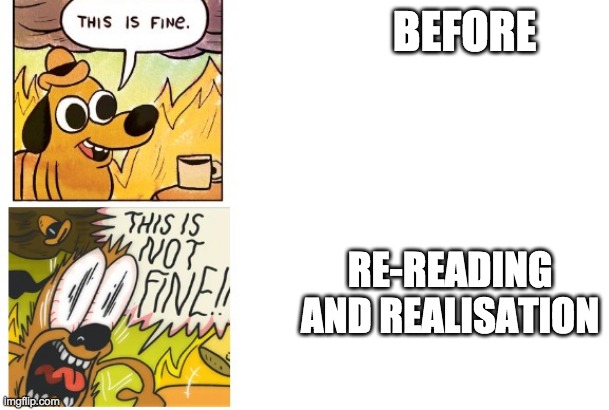This is Fine, This is Not Fine | BEFORE RE-READING AND REALISATION | image tagged in this is fine this is not fine | made w/ Imgflip meme maker