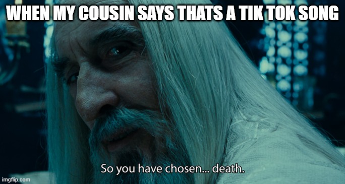 So yo have chosen death | WHEN MY COUSIN SAYS THATS A TIK TOK SONG | image tagged in so yo have chosen death | made w/ Imgflip meme maker