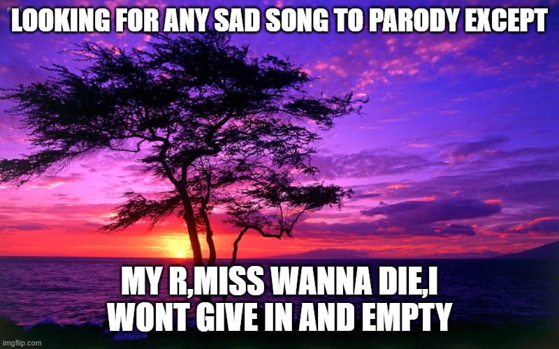Sunrise purple beauty | LOOKING FOR ANY SAD SONG TO PARODY EXCEPT; MY R,MISS WANNA DIE,I WONT GIVE IN AND EMPTY | image tagged in sunrise purple beauty | made w/ Imgflip meme maker