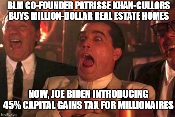 Those silly Democrats | BLM CO-FOUNDER PATRISSE KHAN-CULLORS BUYS MILLION-DOLLAR REAL ESTATE HOMES; NOW, JOE BIDEN INTRODUCING 45% CAPITAL GAINS TAX FOR MILLIONAIRES | image tagged in patrisse,blm,biden,liberals,marxist,democrats | made w/ Imgflip meme maker