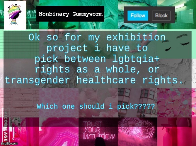 These are my top two but i can't decide | Ok so for my exhibition project i have to pick between lgbtqia+ rights as a whole, or transgender healthcare rights. Which one should i pick????? | image tagged in nonbinary_gummyworm announcement template | made w/ Imgflip meme maker