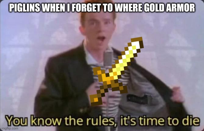 Piglins be like | PIGLINS WHEN I FORGET TO WHERE GOLD ARMOR | image tagged in you know the rules it's time to die,minecraft,die | made w/ Imgflip meme maker