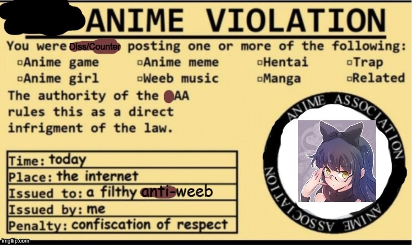 Spam this in the AAA | image tagged in anime violation | made w/ Imgflip meme maker