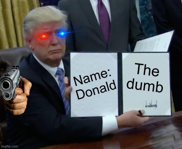 What? | Name:
Donald; The dumb | image tagged in memes,trump bill signing | made w/ Imgflip meme maker