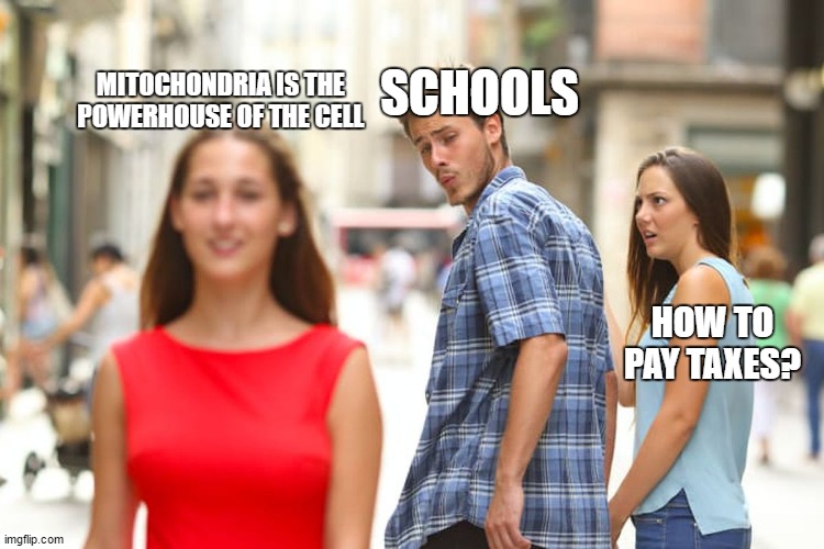 Distracted Boyfriend | SCHOOLS; MITOCHONDRIA IS THE POWERHOUSE OF THE CELL; HOW TO PAY TAXES? | image tagged in memes,distracted boyfriend | made w/ Imgflip meme maker