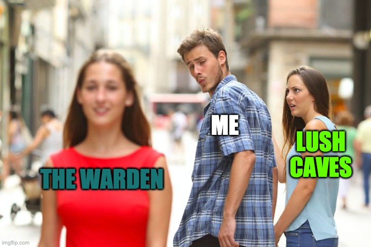 Distracted Boyfriend | ME; LUSH CAVES; THE WARDEN | image tagged in memes,distracted boyfriend | made w/ Imgflip meme maker